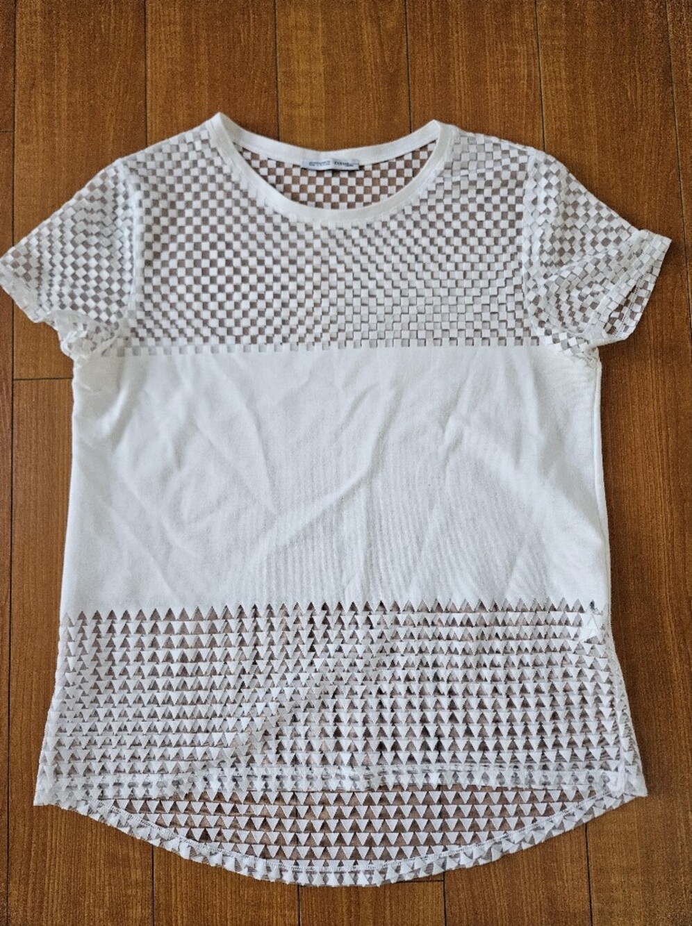 NEVER WORN Zara White Short Sleeve Top with Geometric Mesh Panels Sz Medium M - Picture 5 of 10